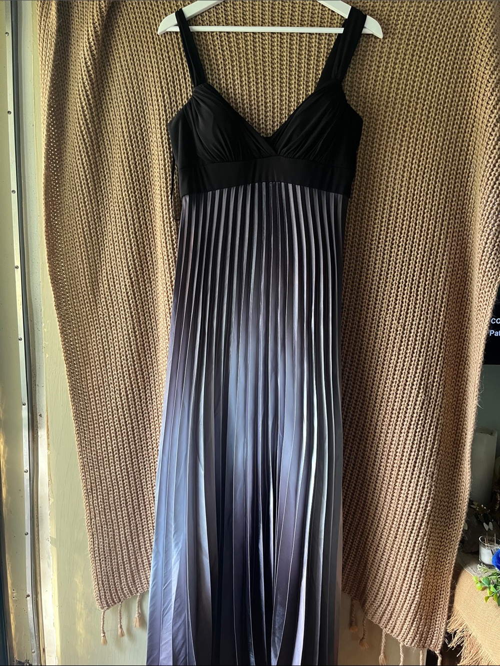 Betsy & Adam Black to Gray Ombre Pleated Maxi Dress